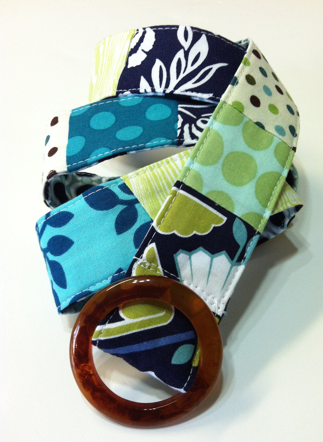 Navy Aqua Lime Green floral and polka dot patchwork womens reversible belt