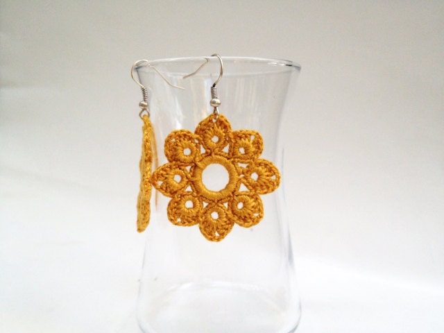 Romantic Hand Crocheted Lace Flower Earrings in Mustard