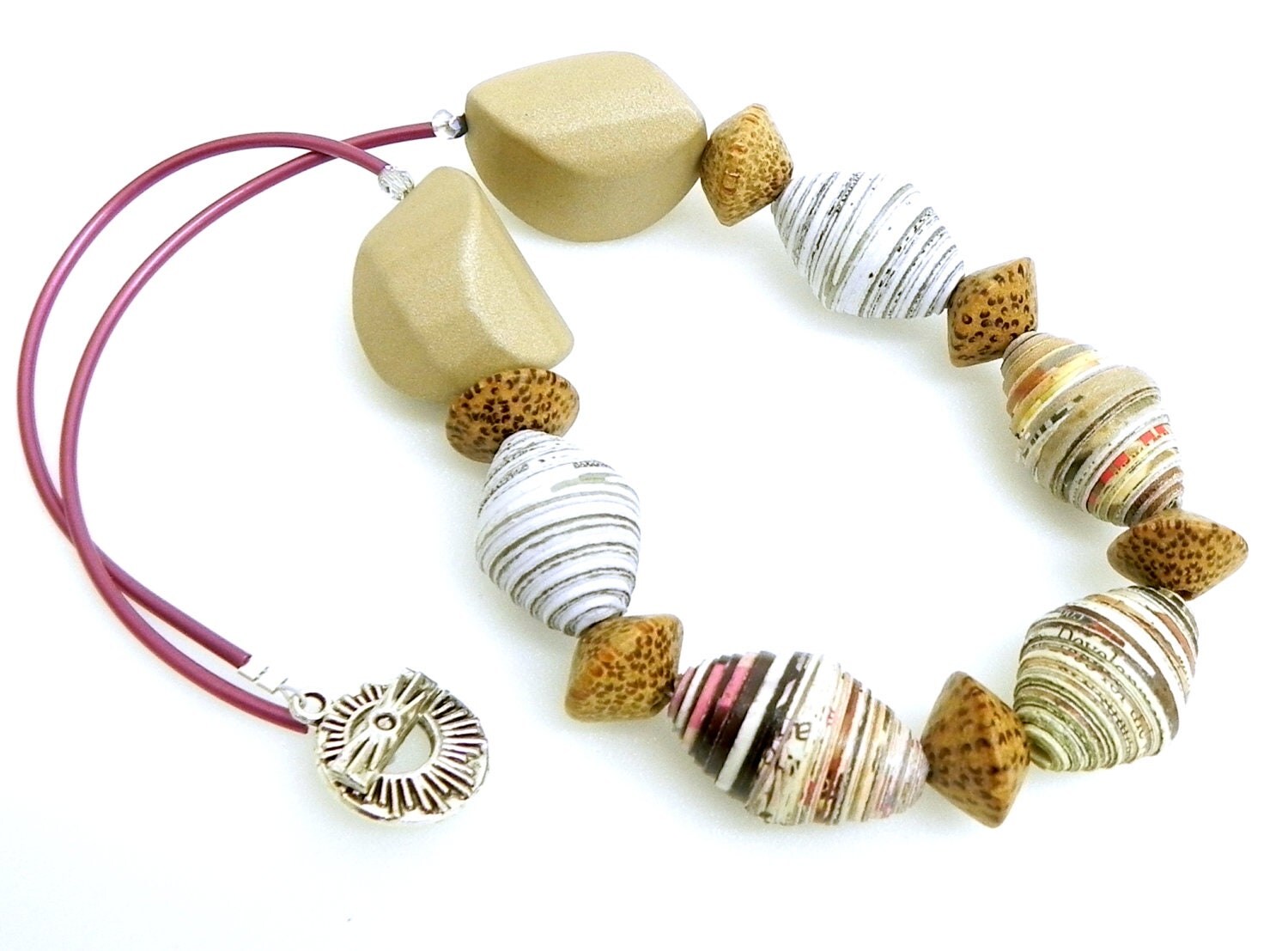 20% off Spring Sale - Beehive shaped Paper Beads and Palm Wood Necklace - Recycled and Natural