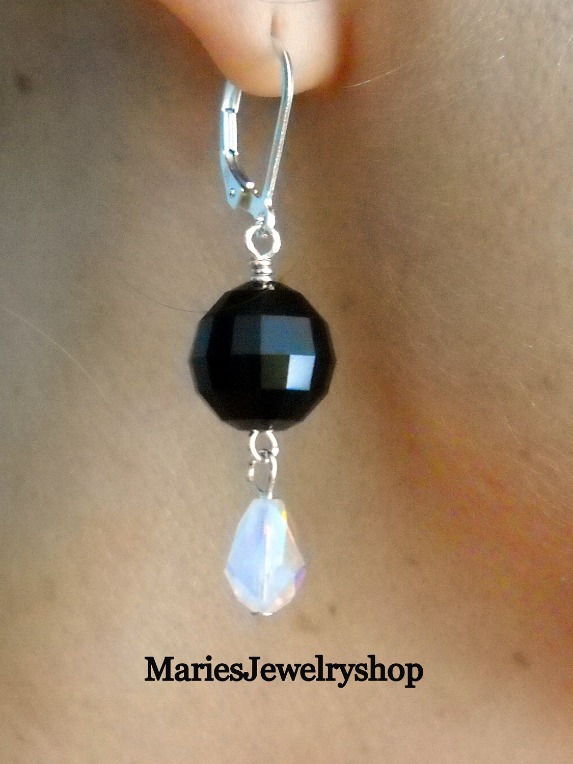 Bridal Jewelry,silver earrings,Swarovski Jet Chessboard Crystals and White Opal AB teardrop,sterling leverbacks,wedding jewelry