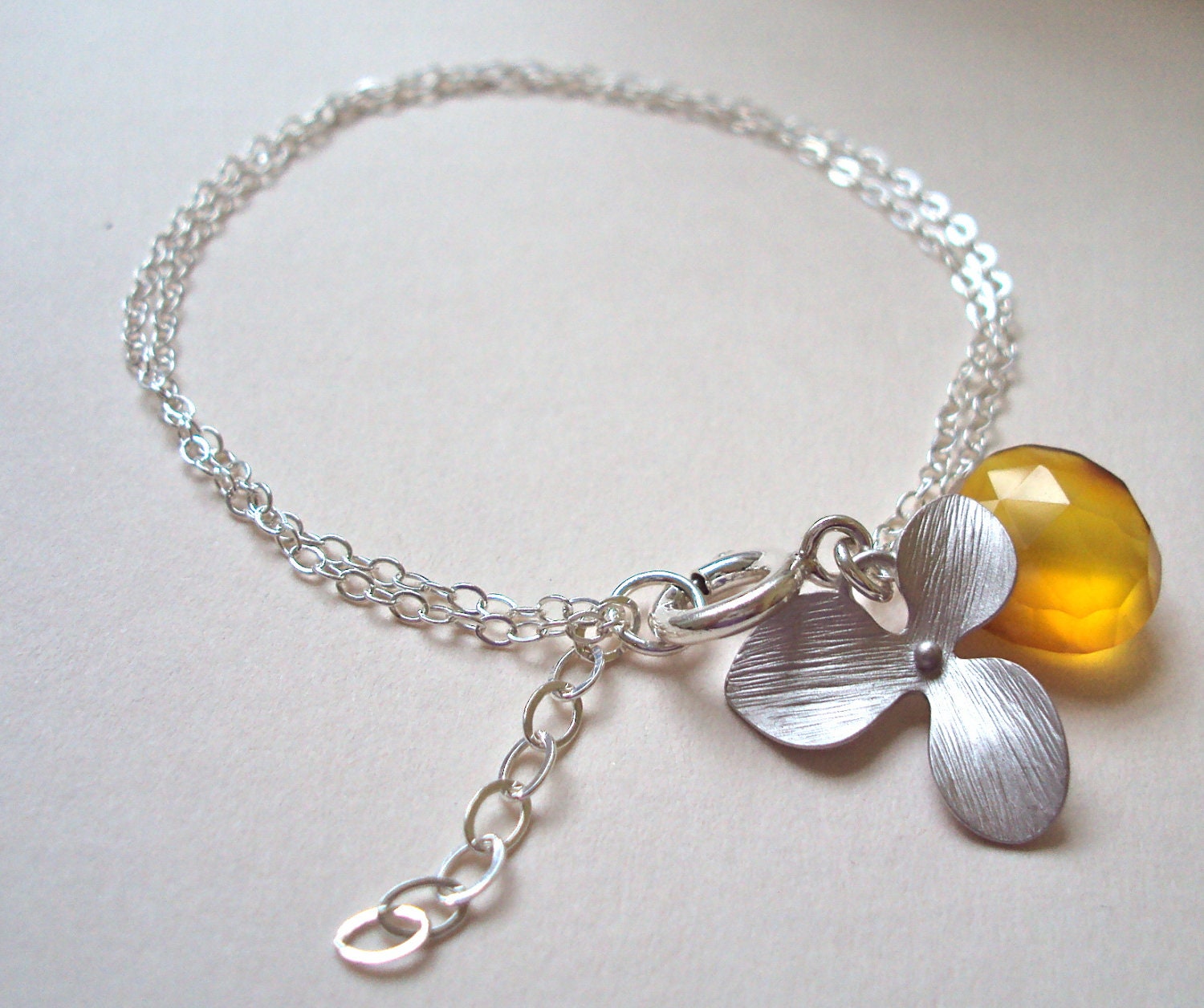 Silver Orchid bracelet with Honey Yellow Chalcedony - sterling silver adjustable length