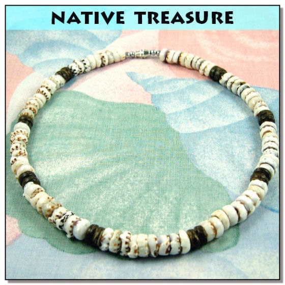 Native Treasure Tiger Puka Shell Necklace Surfer Beach Choker - 8mm (5/16") - 18" Inch
