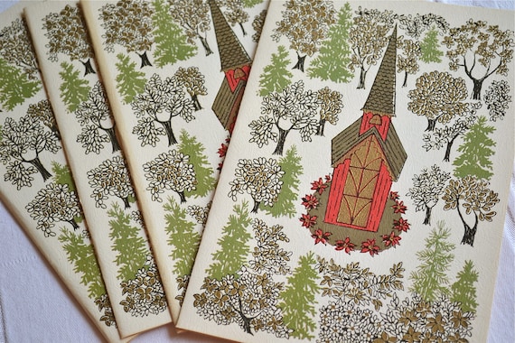Vintage Christmas Cards - Church Steeple in the Forest - A Set of 5