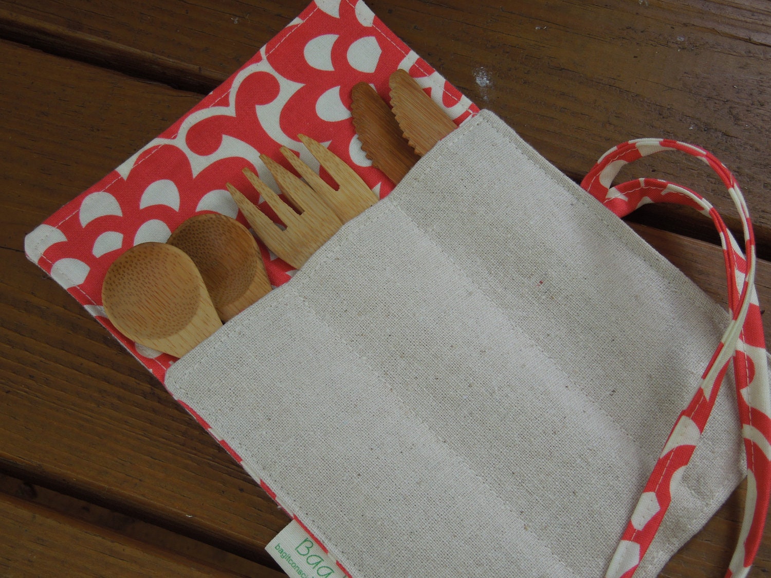 Reusable bamboo cutlery and roll up carrying pouch  - Unbleached cotton and  cherry lotus flower