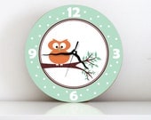 Cute owl wall clock kid's nursery children wall art boy girl room decor wall hanging woodland owl turquoise orange gift idea under 50