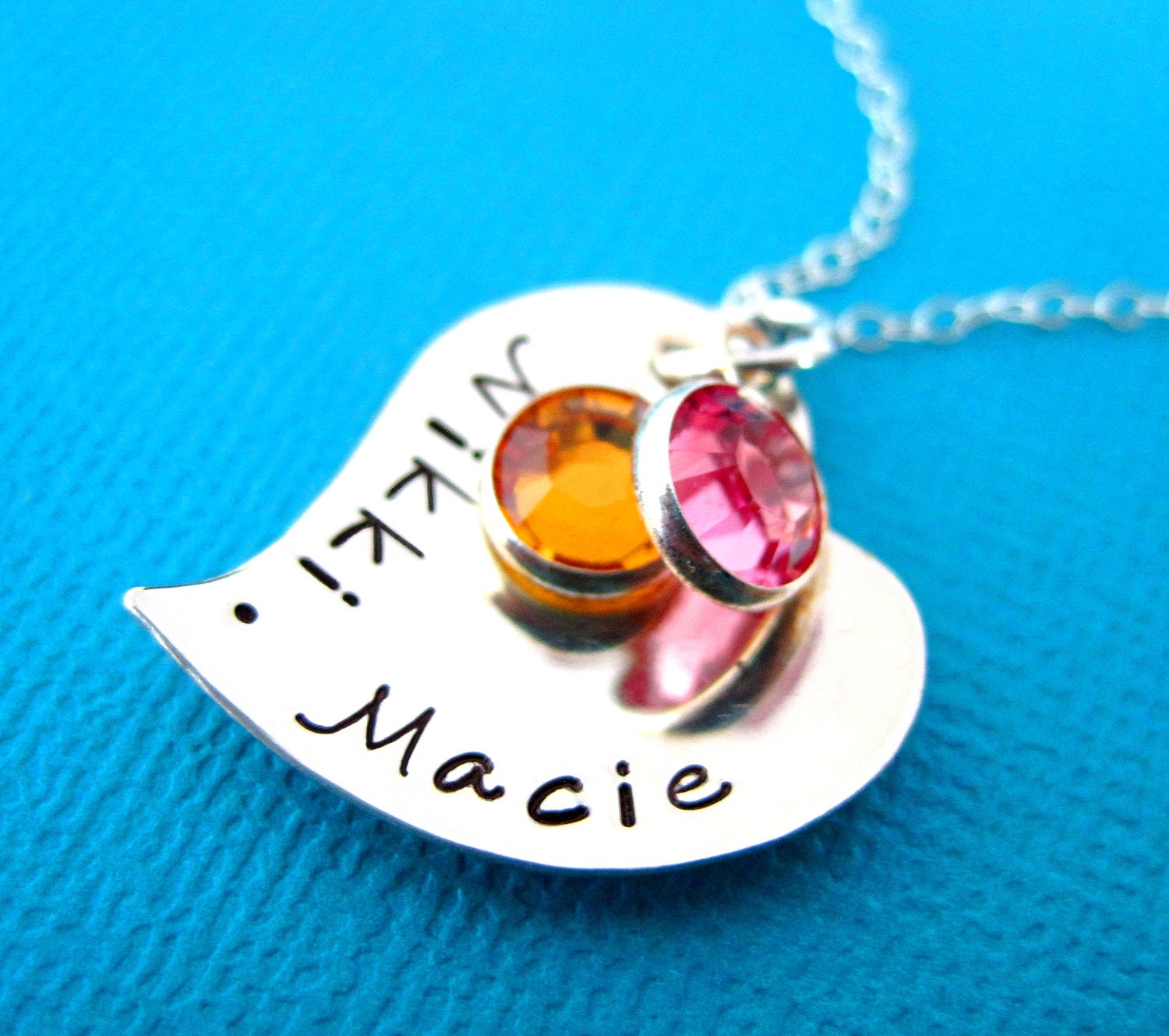 Hand Stamped Jewelry - Personalized Necklace With  Fancy Heart and Birthstone Crystals -