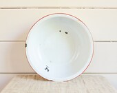 Large Vintage Enamelware Bowl, White with Red Trim