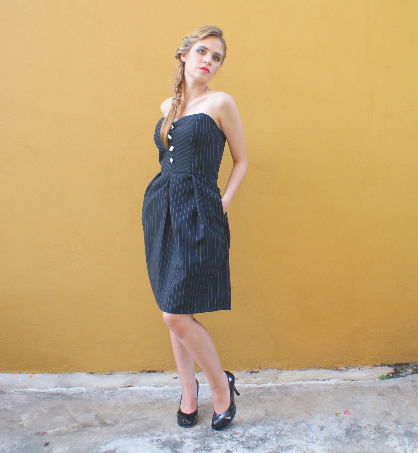 Strapless Dress in Black Pinstripe Mad Men Style FINAL SALE