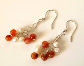 Silver wire wrapped dangle earrings carnelian pearls