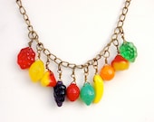 Vintage inspired fruit necklace, glass fruit on antique brass chain, fruit jewelry, carmen miranda style