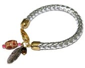 ON SALE - Silver Faux Leather Rope Bracelet with Silver Feather Charm