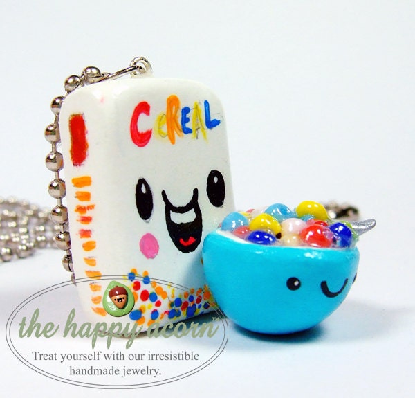 Kawaii Necklace HAPPY CEREAL and BOWL - Polymer Clay Charm Miniature Food Jewelry - Handmade by The Happy Acorn