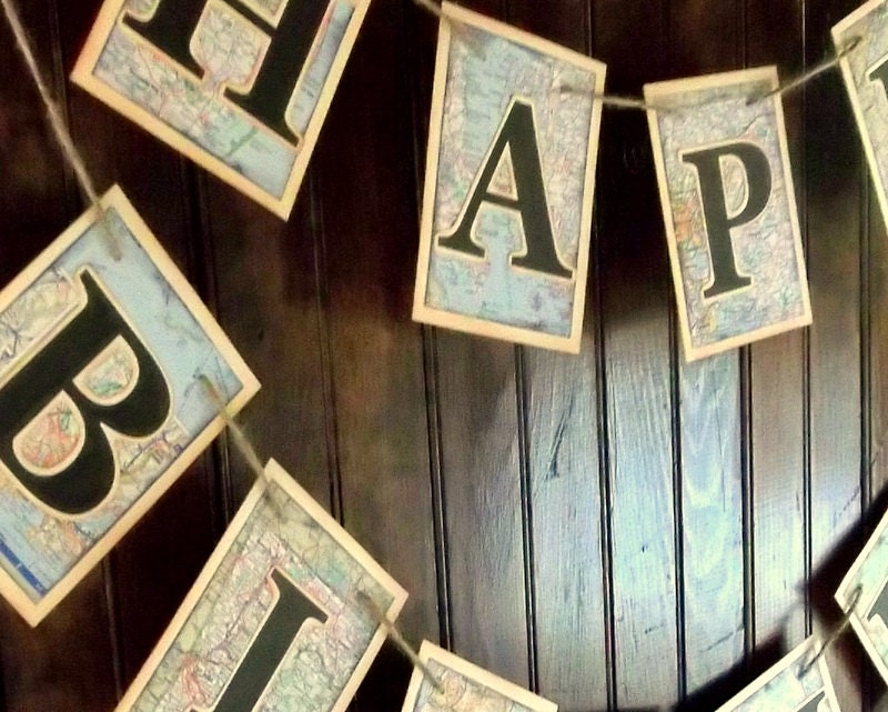Happy Birthday banner bunting Travel theme, Recycled maps