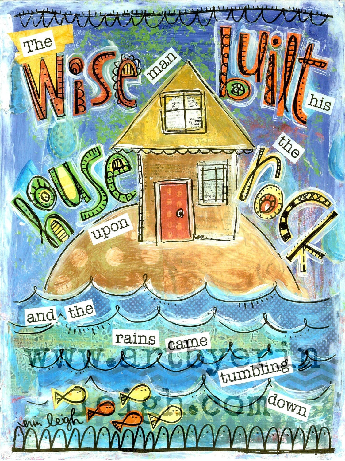 Kids Scripture Art, Sunday School Songs: The Wise Man Built His House, 8 x 10 Fine Art Print, Mixed Media Collage