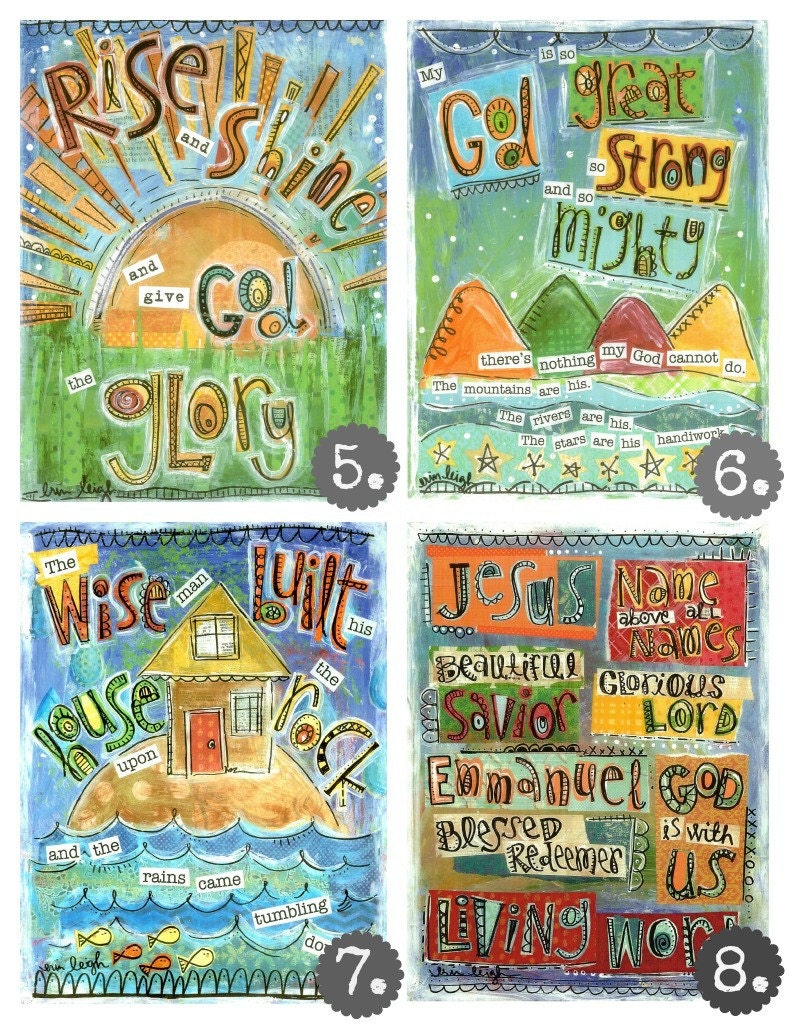 Set of 8, Scripture Sunday School Song Prints, 8 x10 Fine Art Print, Mixed Media Collage