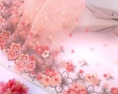 Tulle lace trim, embroidered floral net, sweet peach color, 2 yards OR035