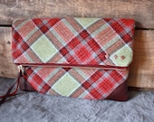 Foldover Clutch in Wool Plaid & Leather // Women Bags and Purses -- Ready To Ship--