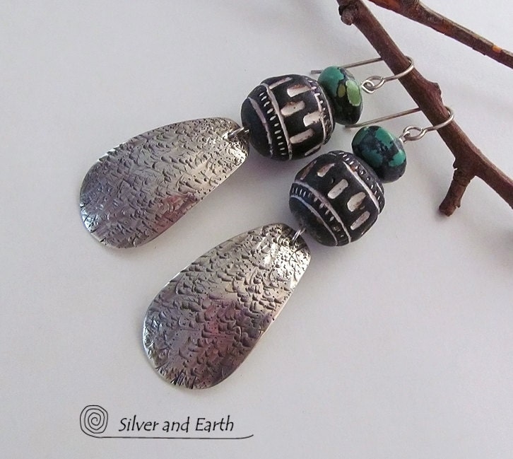 Silver Tribal Earrings, Sterling Silver Earrings with African Carved Wood Beads & Turquoise, Ethnic Dangle Earrings, Bohemian Tribal Jewelry