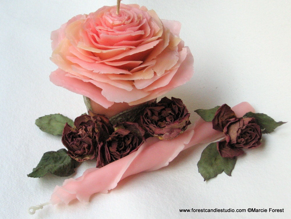 Unity Candle Set, Wedding Decor, Eco Luxury Gift - Rose Pillar, Tapers - Beeswax, Rose Petals - Unique Candles by Marcie Forest