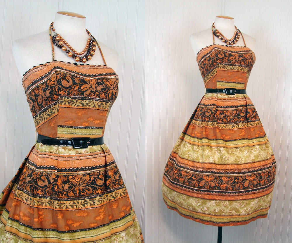 1950s Hawaiian Dress -  Vintage 50s Sundress Bombshell Bullet Bust Halter Full Skirt XS - Meet Me In Tahiti