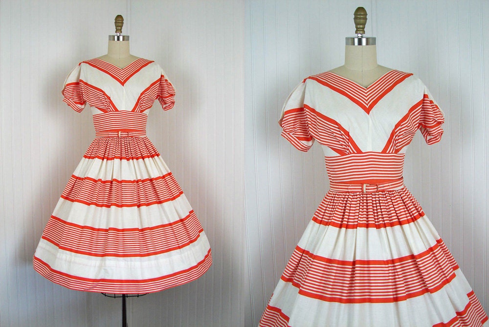 1950s Dress - Vintage 50s Tangerine Orange White Stripe Cotton Full Skirt Bust Shelf Sundress S - Sweet and Tart