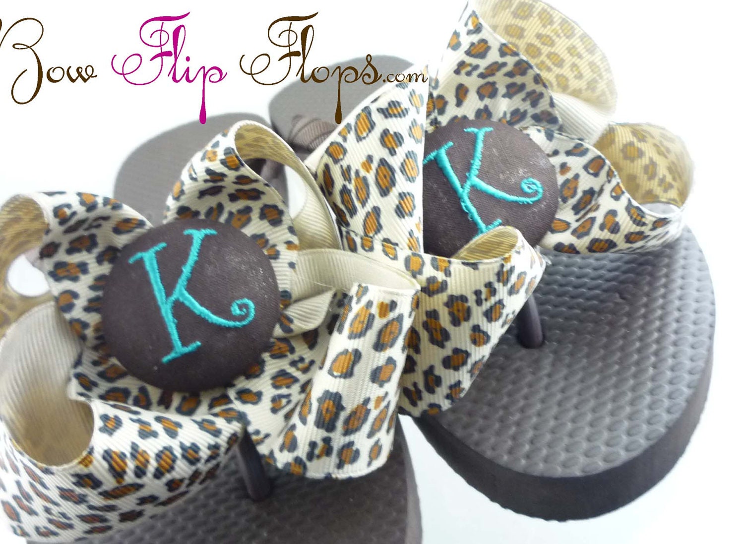 Custom Flip Flops Leopard Animal Print Flip Flops Initial Ribbon Bow chocolate brown turquoise monogramed in your colors