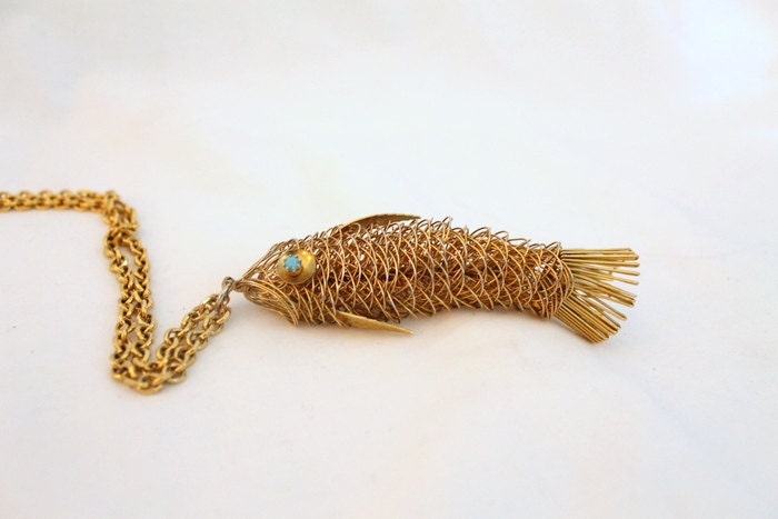 CADORO Wire FISH Necklace - Gold Tone - Handmade - Scarce Rare Collectible Signed - Vintage 1960s