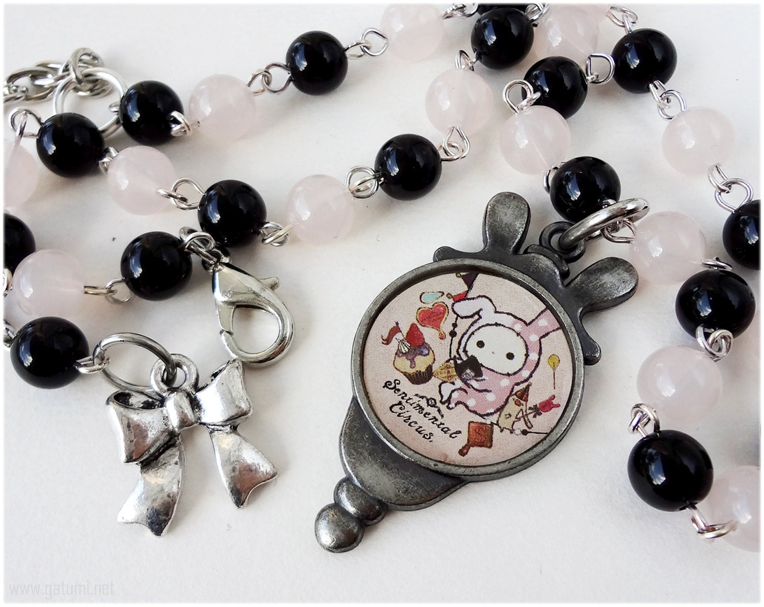 Sentimental Circus Shappo Necklace, Black and Pastel Pink, Silver Tone - Gothic Lolita, Kawaii