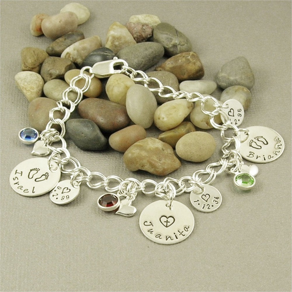 Personalized Charm Bracelet, Mother Bracelet, Hand Stamped, Sterling Silver Jewelry