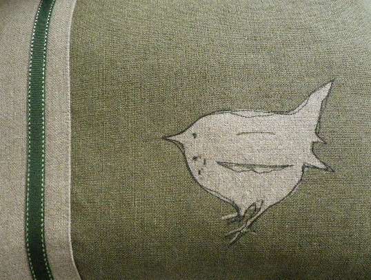 Hand printed and stitched little olive loomstate linen jenny  wren cushion - helkatdesign