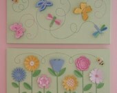 Bee Happy and Flower Happy - Two Paper Collages (pastels on light green background or choose your own colors)