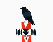 Totem 3 The Raven tribal inspired  original watercolor painting, Halloween , folk art, tribal,  geometric,wall decor, Southwest, unisex. me