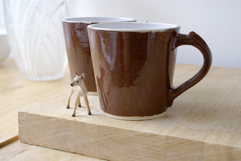 Two spicy chai latte mugs - stoneware pottery mugs glazed in milk chocolate - LittleWrenPottery