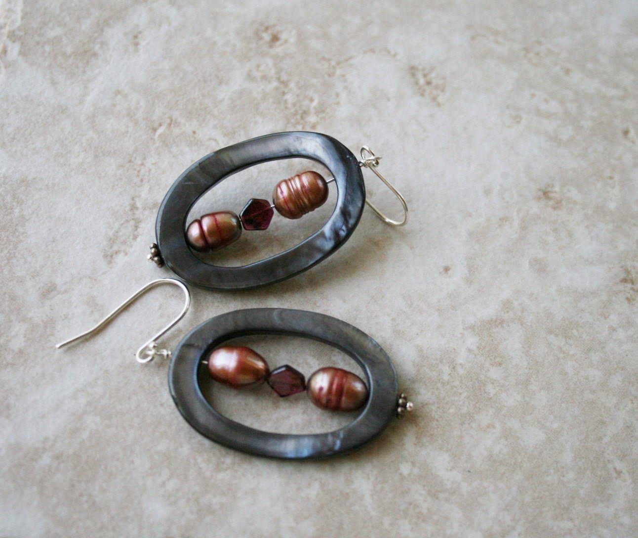 Shell loop earrings pearl earrings garnet stone jewelry