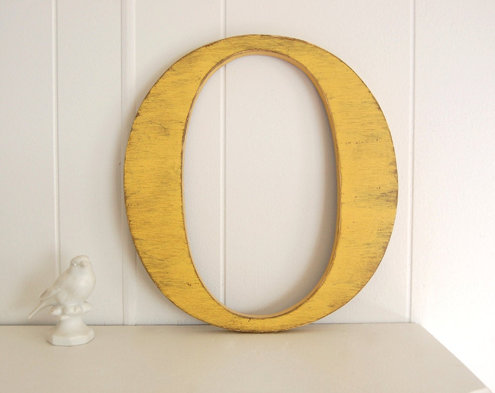 wall decoration signage rustic initial wood letter O - cottage chic - earth yellow