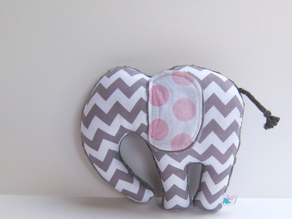 Elephant Softie Plush Stuffed Animal Minky Baby Toy Gray Chevron Pink