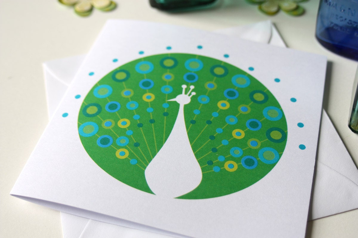 Proud as a Peacock - folded square card in emerald green, turquoise, aqua, lime and white