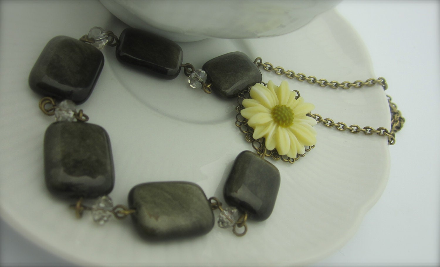 CONCEAL ME - Pale Yellow Daisy Cabochon / Smoky Swarovski Crystals And Shadow Beads