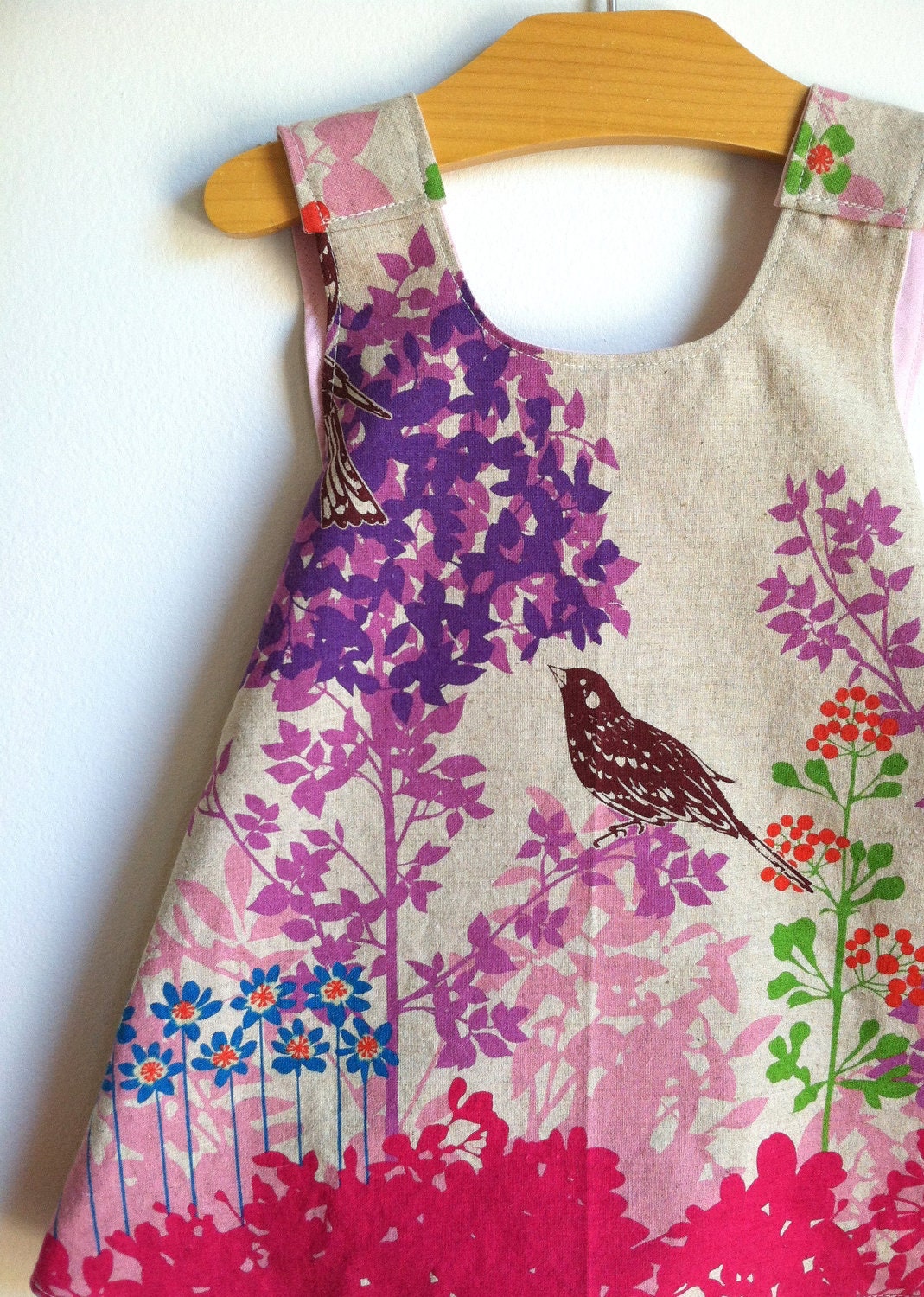 Wish Border Pink Birds Reversible Modern Pinafore Dress by Noah and Lilah - handmade pinnie - butterfly applique