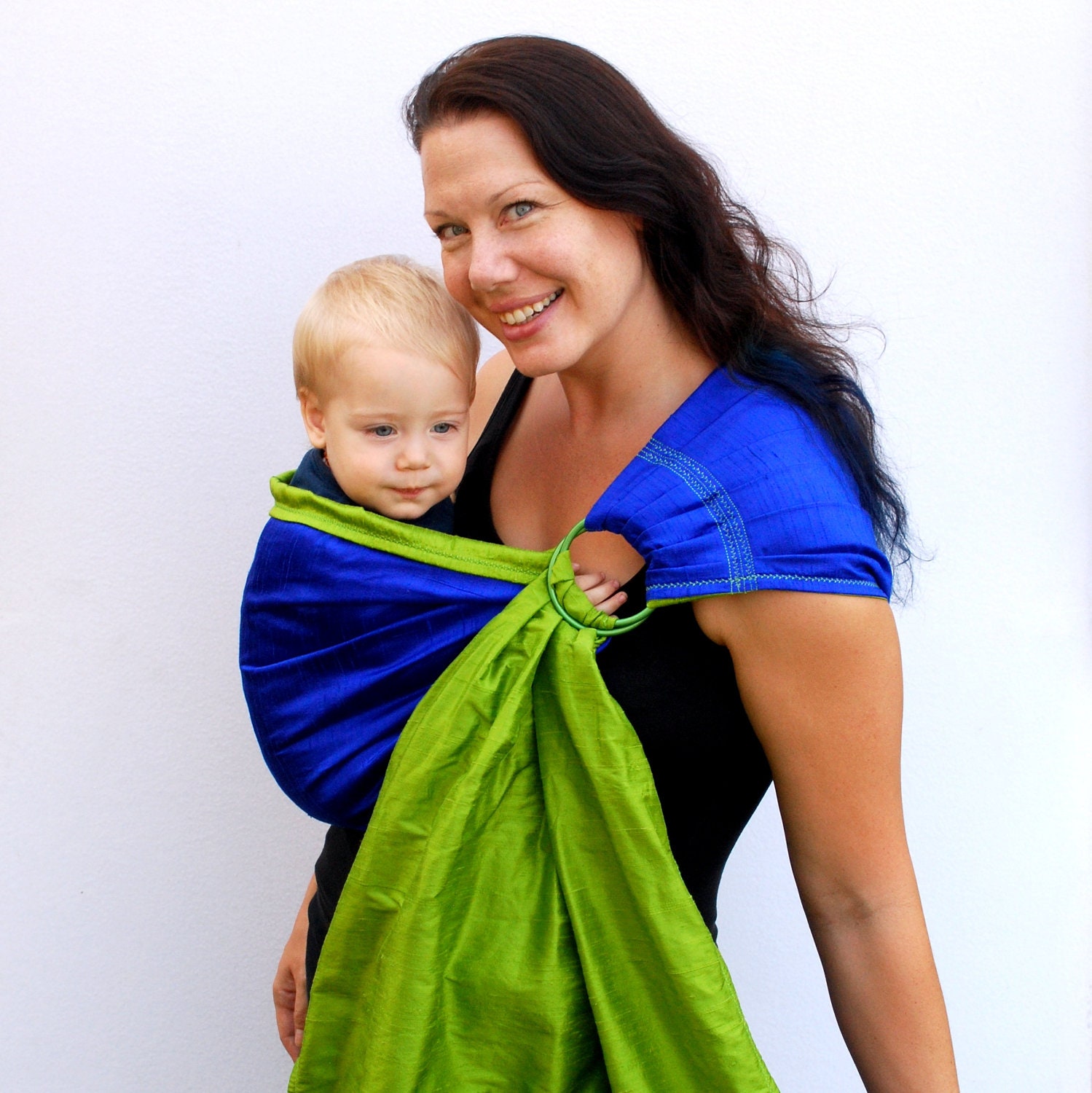 Ring Sling Baby Carrier Double Layer Dupioni Silk Pleated - Cobalt and Apple - MANY colors/styles in Shop - Made to Order