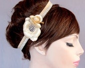 Golden Tone Silver Elastic Headband Stretchy Hair Piece Elastic Flover Fascinator Party Occasions Kid Girl Handmade  OOAK