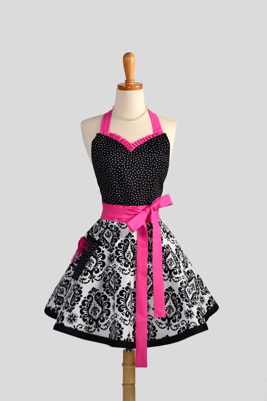 Sweetheart Retro Apron / Cute Womens Apron in Black and White Damask Black Dots and Hot Pink a Sexy Apron