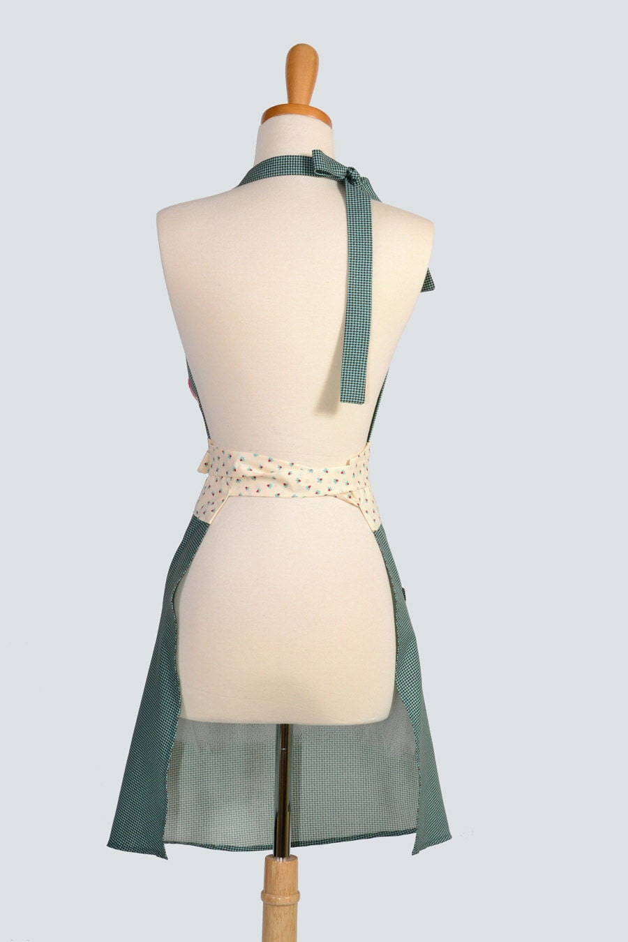 Cute Kitsch Retro Apron / Retro Womens Apron in Moda Sophie Turquoise Brown Houndstooth and Creamy Florals Full Length