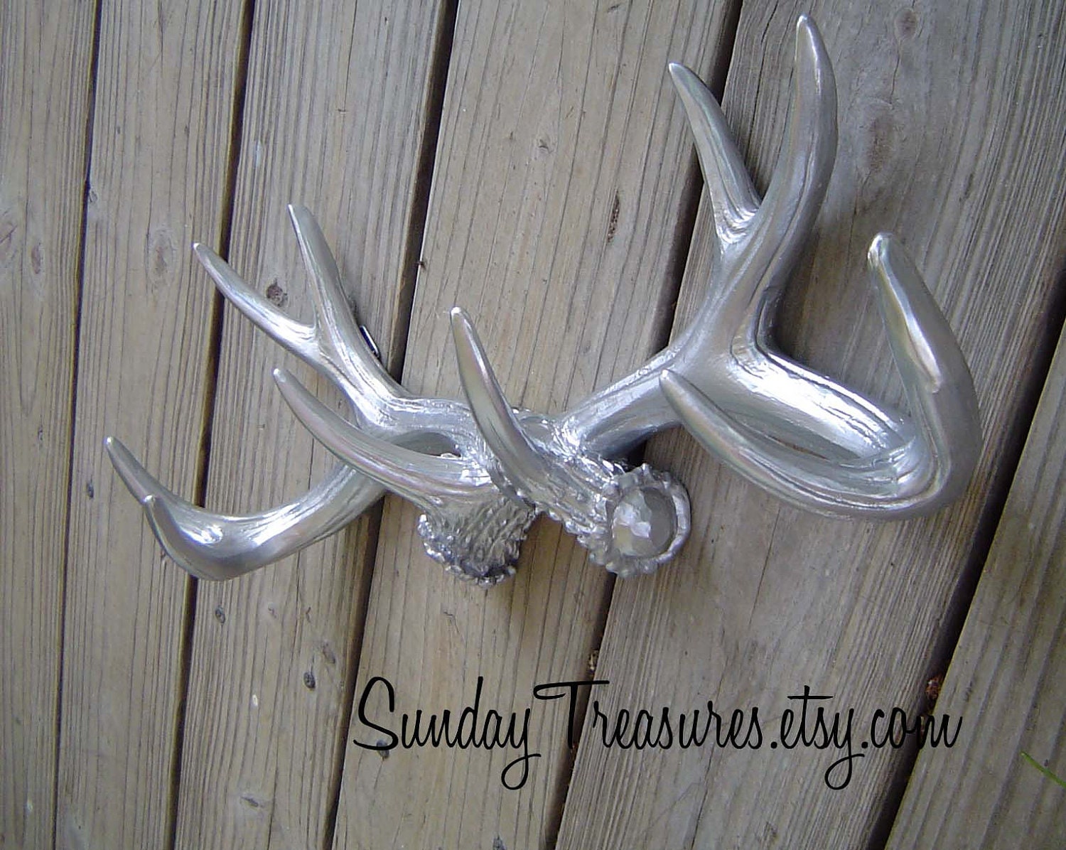 CLEARANCE SALE Metallic Silver Chrome / Faux / Deer Antlers Mount / Rustic Wall Decor. Faux Taxidermy Hook Rack.