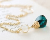 Gold Pendant Necklace, Teal Quartz Moonstone Necklace, Handmade Wire Wrapped Jewelry, aubepine