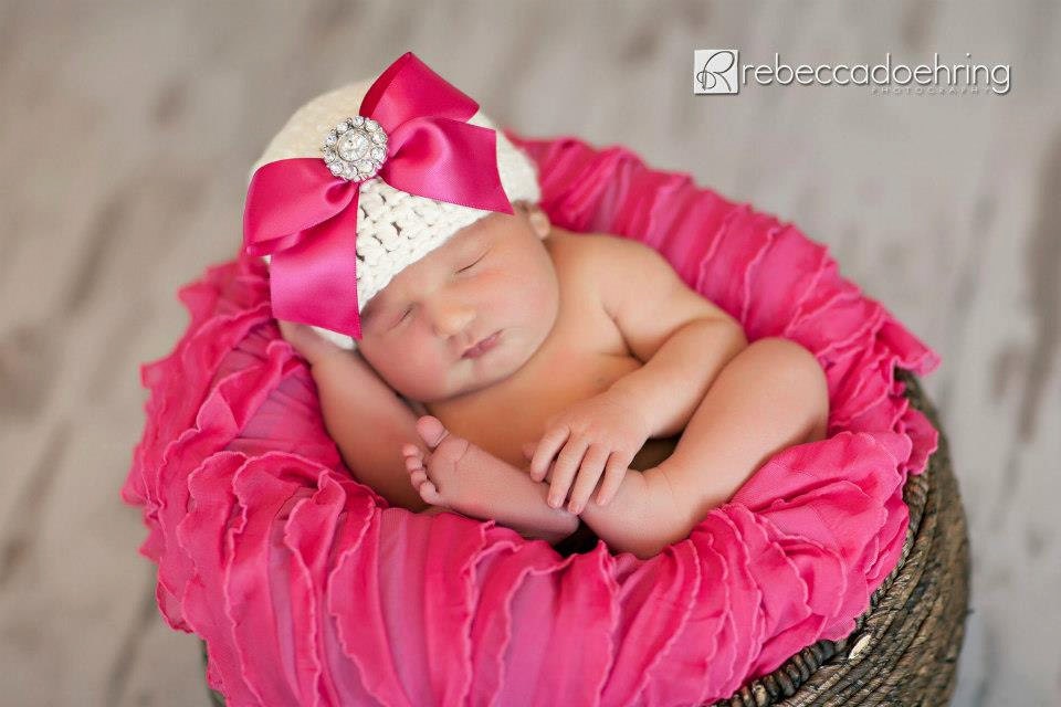 20% OFF SALE - Organic Cotton Beanie Hat - Ivory with Hot Pink Satin Bow and Rhinestone - Fancy Newborn Photo Prop