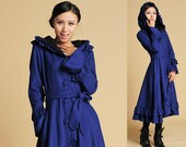 Blue Wool  ruffled maxi Coat with Hood  (380)