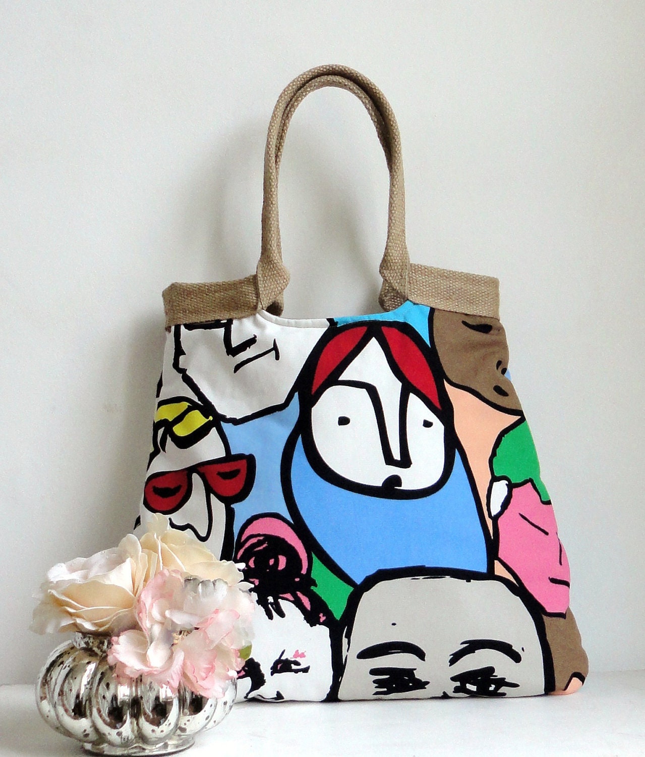 Abstract colorful weekender carry on tote bag with burlap