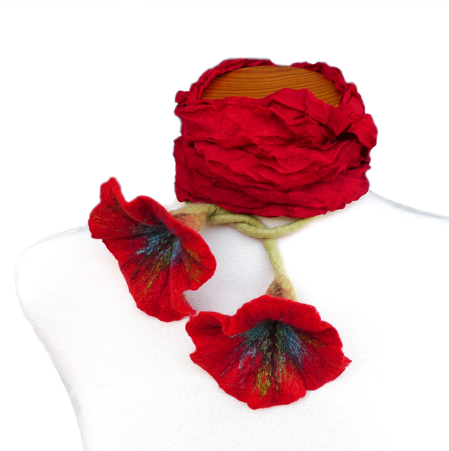 Red Silk Scarf with Felt Flowers