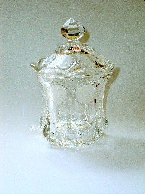Vintage Fostoria Coin Glass Lidded Candy Dish, Cr. 1960,  with Scalloped Panels and Historic Frosted Coins